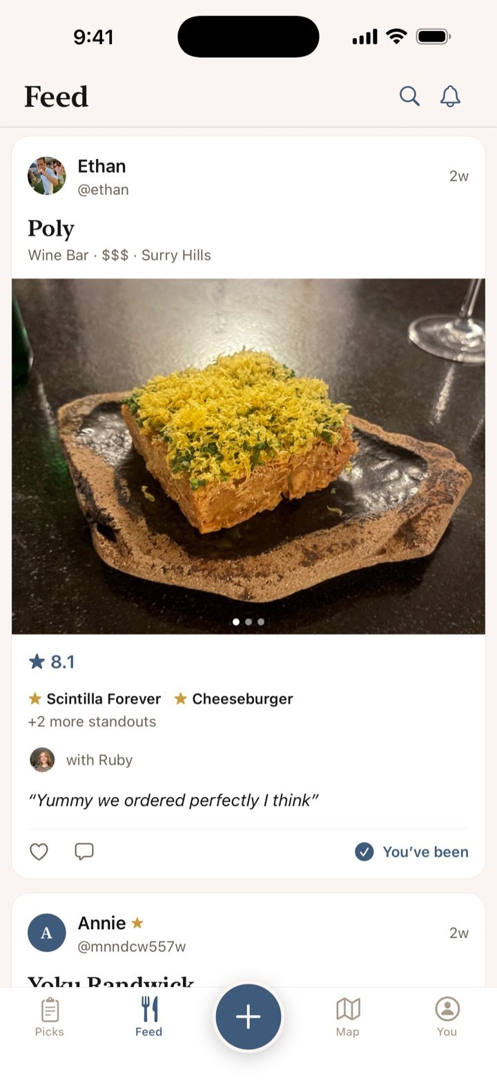 The Curate feed, showing a visit posted by someone you follow with its photos, rating and standout dishes.