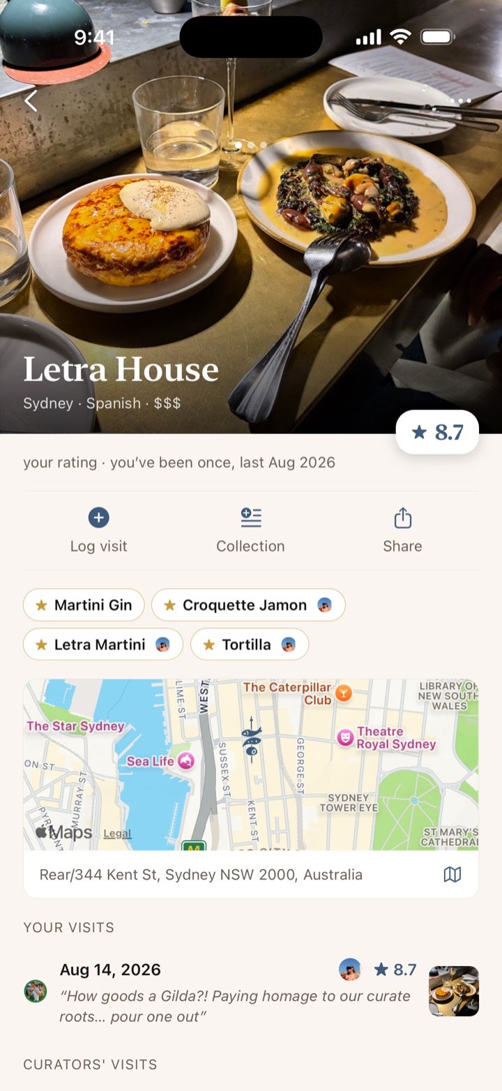A restaurant in Curate, showing its photos, your rating, the dishes your curators starred, and its place on the map.
